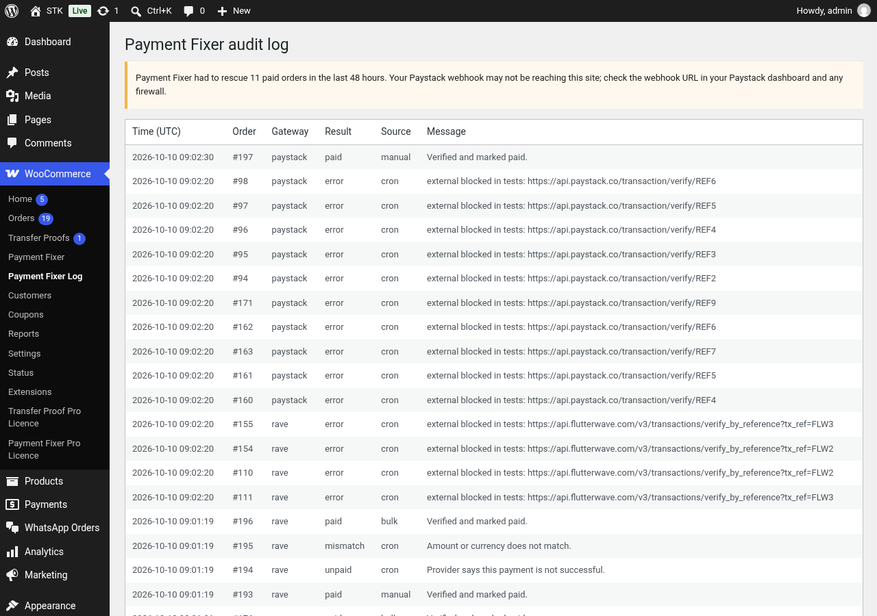 Payment Fixer Pro audit log screen