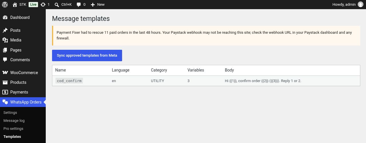 Chat Order Updates Pro template manager